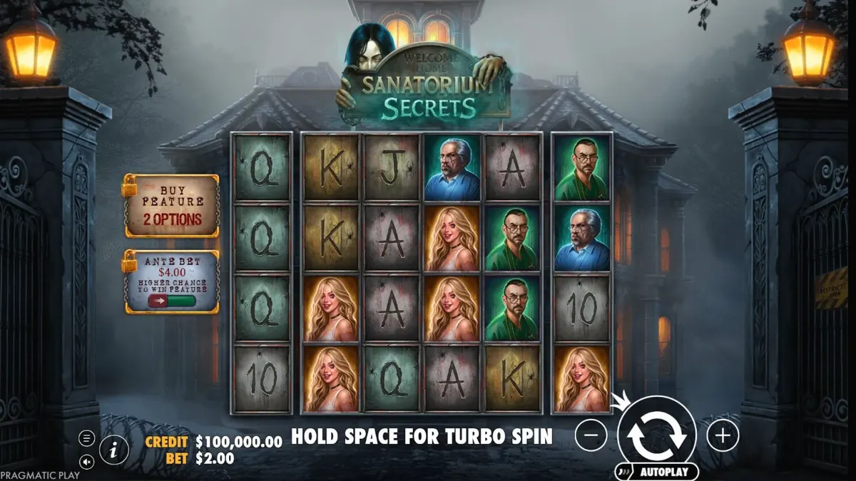 Interface do jogo Sanatorium Secrets com temática de asilo assustador