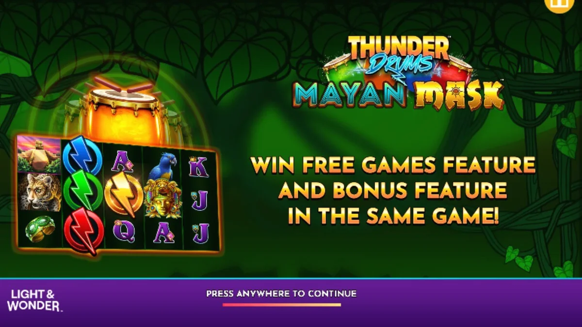 Interface do slot Thunder Drums Mayan Mask com temática de selva e máscaras douradas
