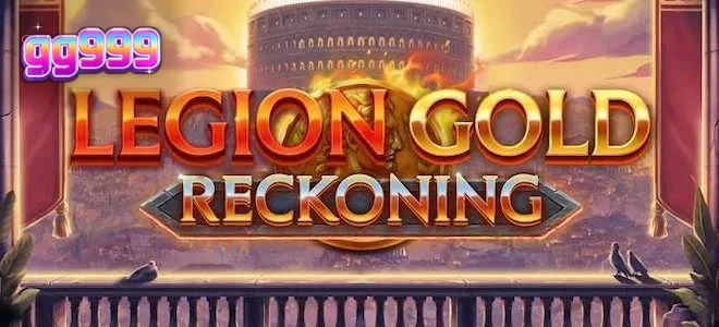 Cena de batalha épica com estandartes dourados e elementos de slot em Legion Gold Reckoning