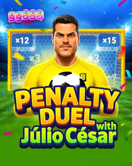 Interface do jogo Penalty Duel com Júlio César no estádio